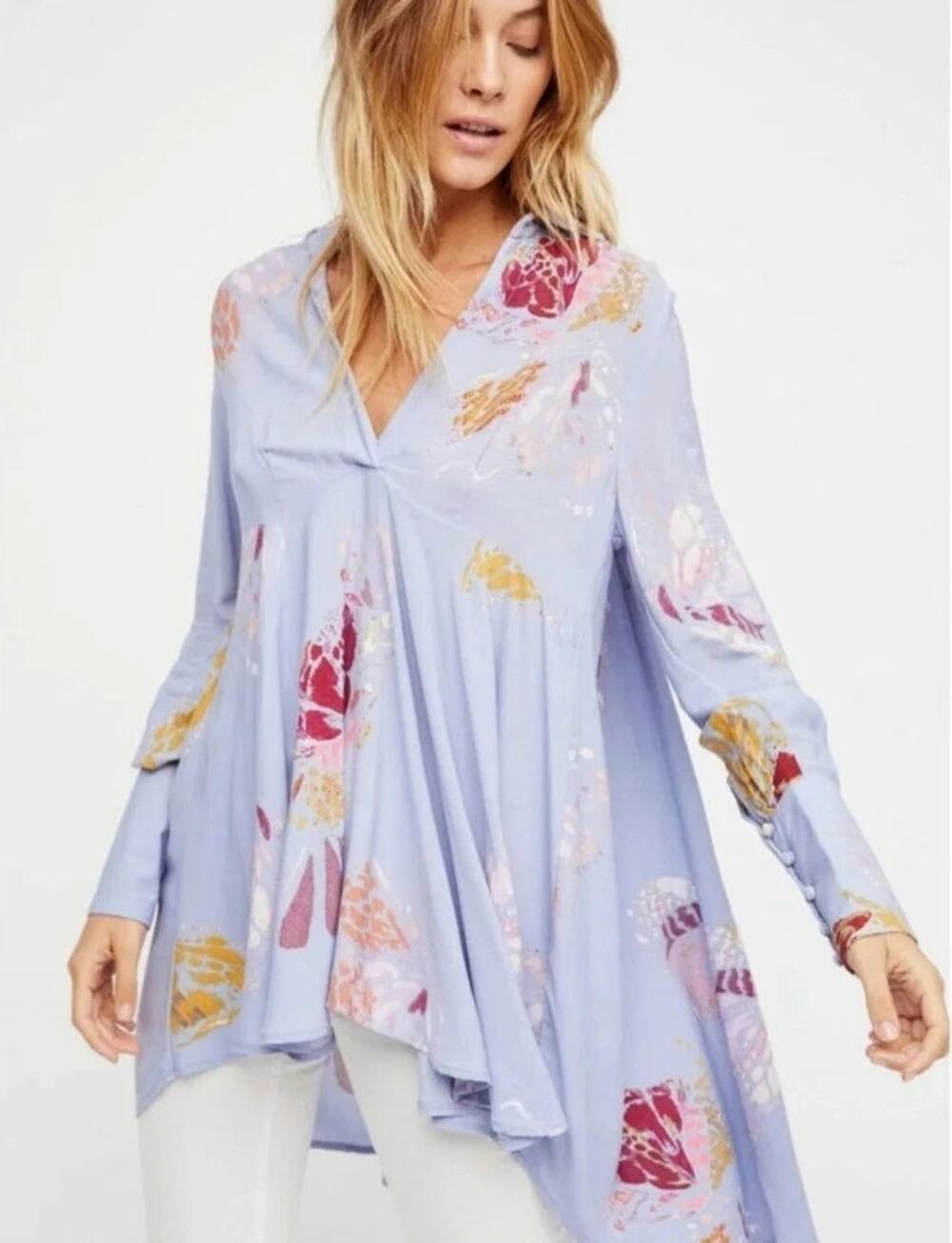 NWT Free People Field of Butterflies Hi-Low Tunic Blouse Blue Chambray Womens S